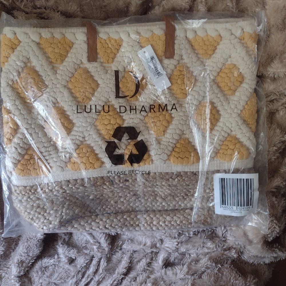 Lu Lu Dharma tote bag. Yellow, white, and tan